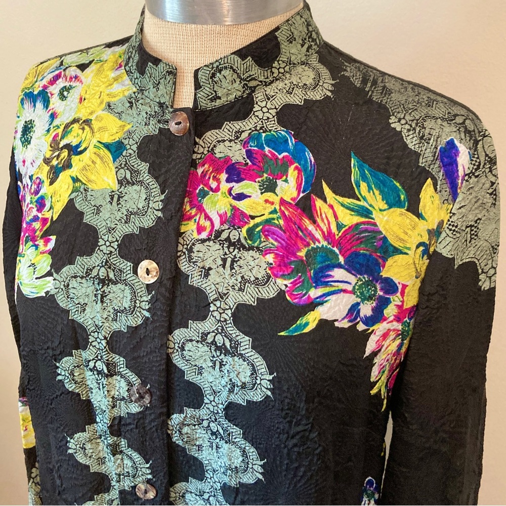 Citron Santa Monica Silk Button Shirt Blouse Medium Black Green Yellow Floral - Picture 3 of 10